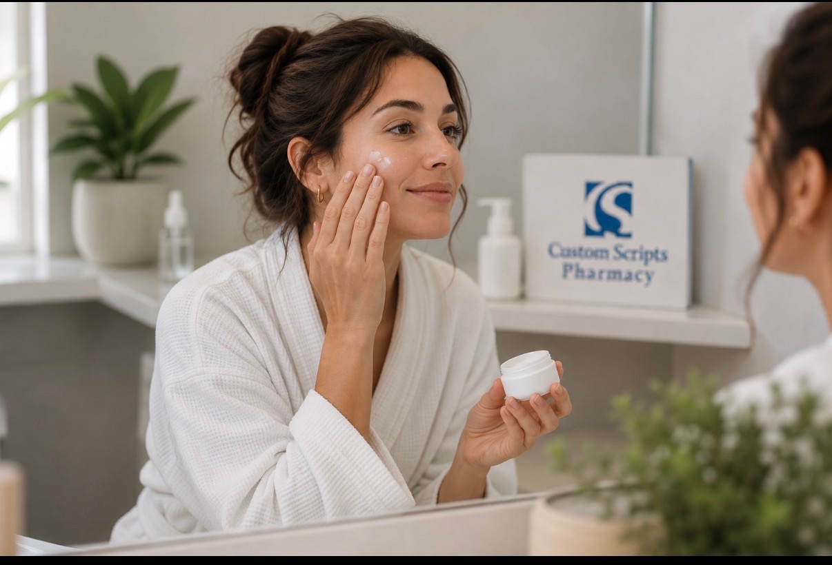 A woman applying a compounded cream at her bathroom mirror