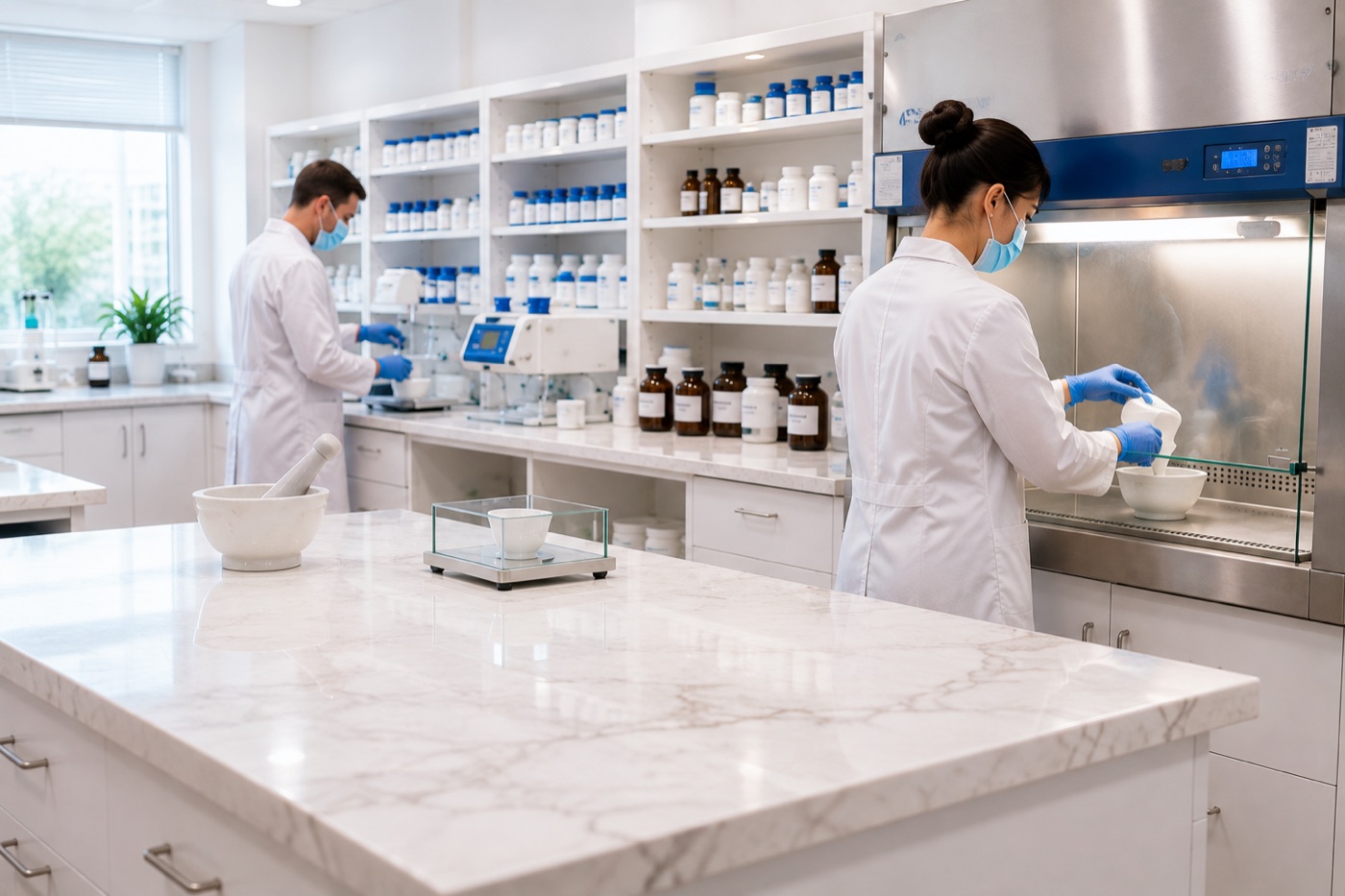Pharmacists compounding prescriptions at the Custom Scripts Pharmacy bench