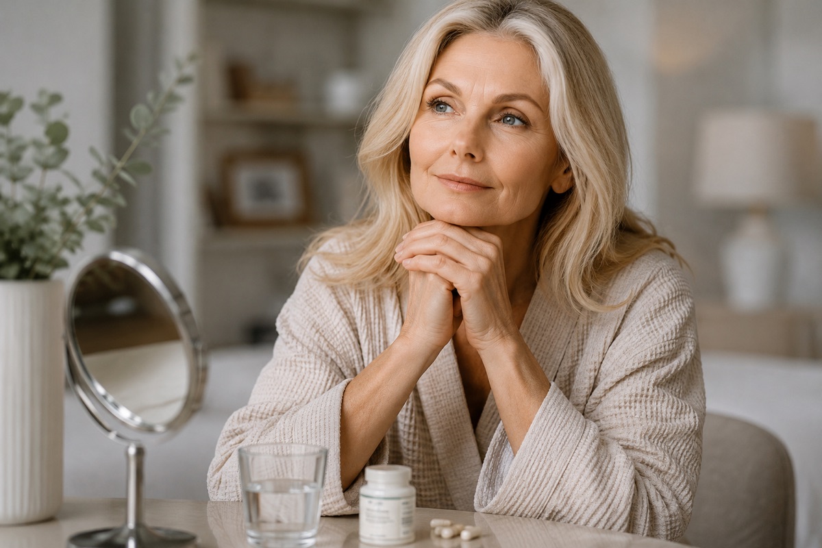A woman at her vanity with her compounded hormone prescription