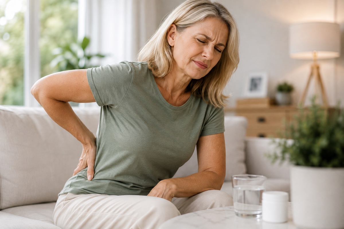A woman with lower back pain reaching for her compounded medication