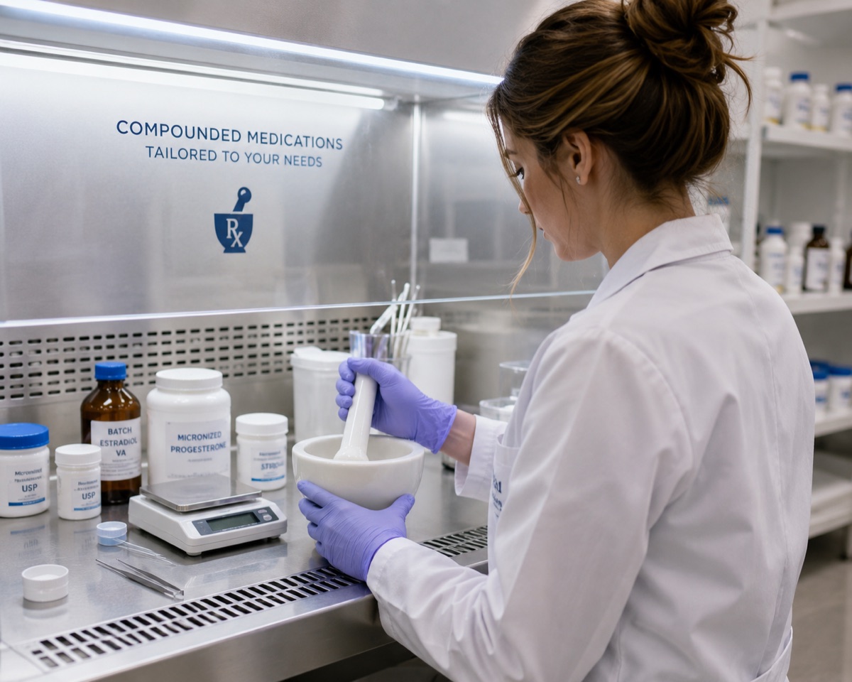 A pharmacist compounding a prescription at the pharmacy bench
