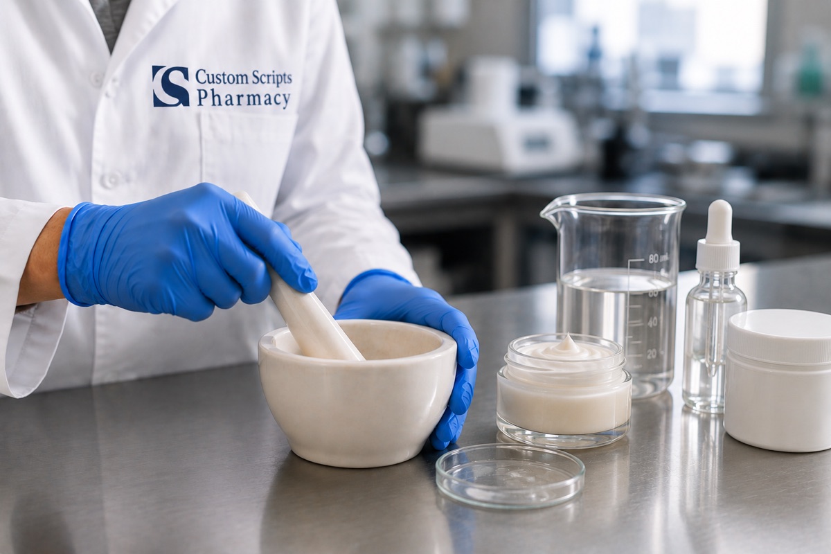 A pharmacist compounding a dermatology cream with a mortar and pestle