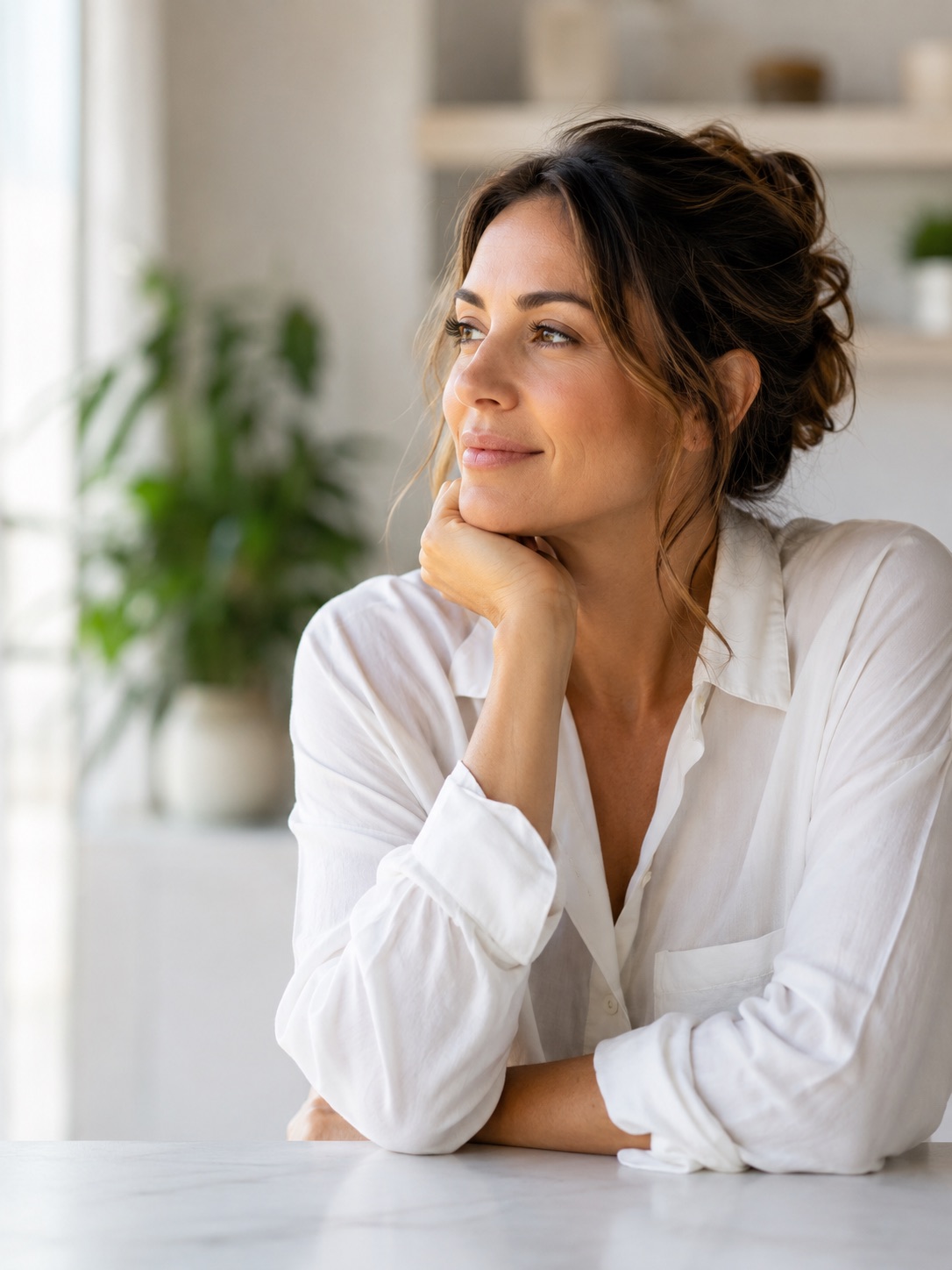 A woman at home considering her hormone therapy options