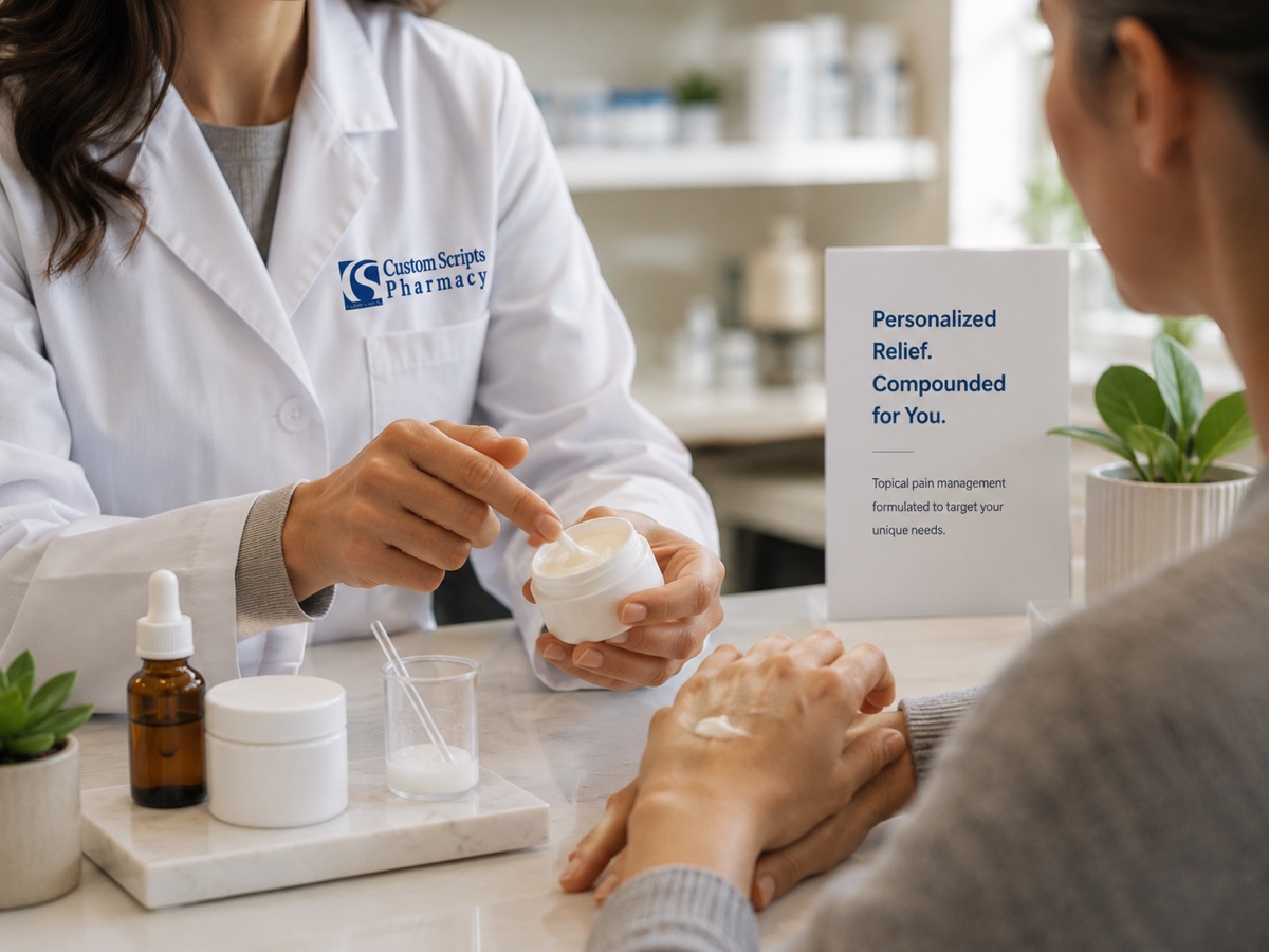 A pharmacist showing a patient a compounded topical pain cream