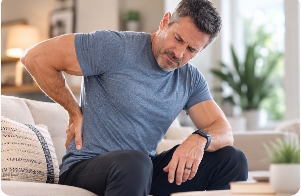A man with lower back pain sitting on a couch at home